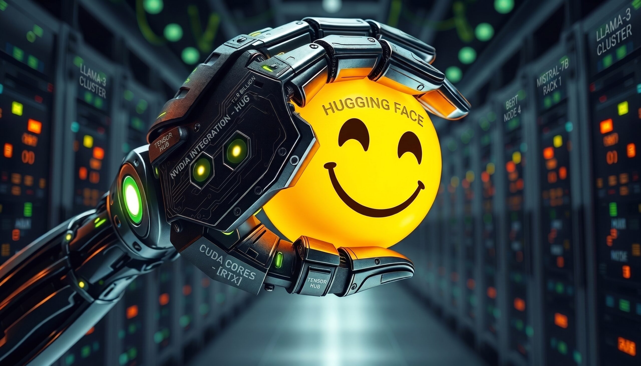 Conceptual art visualizes Nvidia's metallic robotic arm, detailed with green glowing accents, gently cradling the yellow Hugging Face smiley mascot within a server room setting, symbolizing the acquisition.
